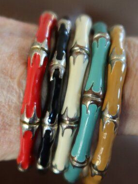 Vintage set of 5 bamboo design bangle bracelets enamel and metal red black etc